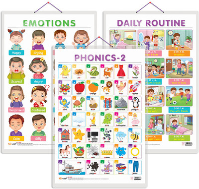 GO WOO Pack of 3 EMOTIONS, DAILY ROUTINE and PHONICS - 2 charts(Red)