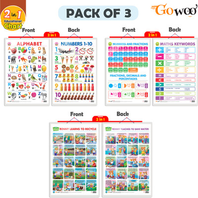 GO WOO Setof3ALPHABETNUMBER1-10FRACTIONMATHKEYWORD&BENNYLEARNTORECYCLE&TEACHTOSAVEWATER(Gold)