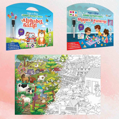 GO WOO Alphabet Safari, Shapes and Patterns mats,& Giant at the Farm Colouring Poster(Multicolor)