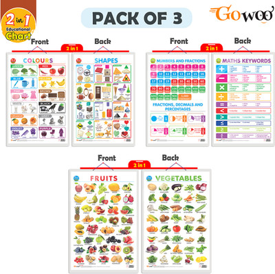 GO WOO Packof3|2IN 1NUMBER&FRACTIONS&MATHKEYWORDS,COLOURS&SHAPES&FRUITS&VEGETABLESChart(Green)