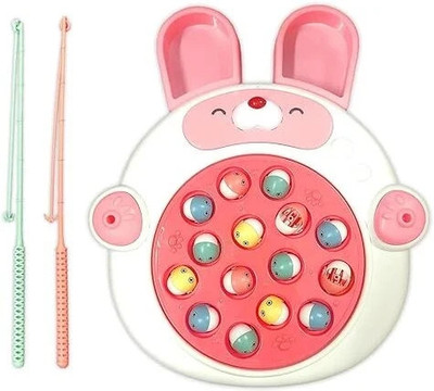 KAIRA TOY Fishing Game Set with Music | 360° Rotating Board, 15 Colorful Fish & 2 Poles(Pink)
