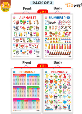 GO WOO Packof2|2 IN 1 ALPHABET AND NUMBER 1-10 and 2 IN 1 PHONICS 1 AND PHONICS 2Charts(Green)