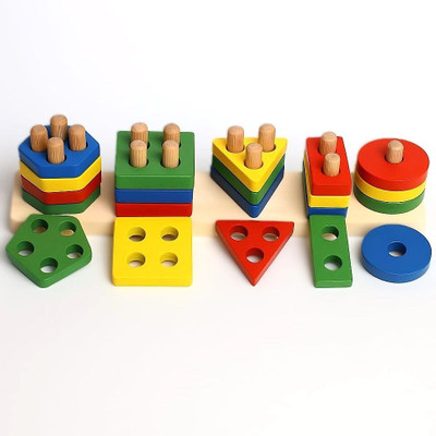 Pumpkin Toys Wooden Geometric Shapes Puzzles 5 Column Shapes and Colours Stacker(Multicolor)