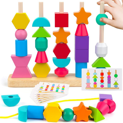 KIDOLOGY Montessori 2-in-1 Beads Sequencing Toy Stacking, Lacing, Shape Matching for 2+.(Multicolor)