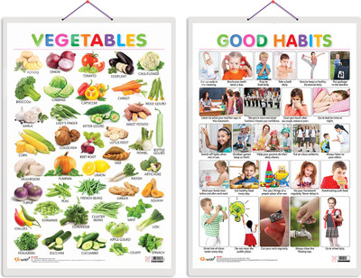 GO WOO Pack of 2 Vegetables and Good Habits Educational charts with Lamination(Green)