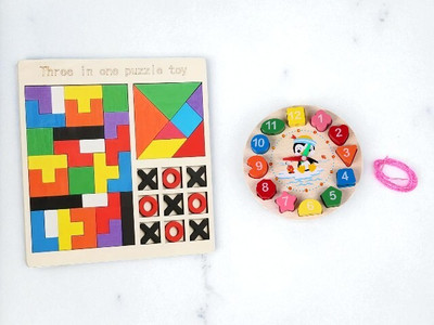 VHD Wooden 3 in 1 Puzzle Board & Number Shape Clock Toy Combo for Kids C46(Multicolor)