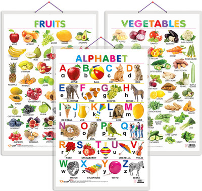 GO WOO Pack of 3 Alphabet, Fruits and Vegetables Educational charts(Black)