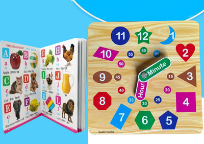 SHALAFI Wooden 3D Shape & Number Sorting Clock Puzzle Learn Time Analog Toys+3in1 Book(Multicolor)