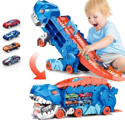 KIDOLOGY 2-in-1 Foldable Dinosaur Transport Truck with 4 Cars for Boys & Girls, Age 2+(Multicolor)