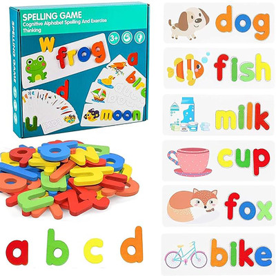 WISHKEY Wooden Spelling Game, Word Making Game with Flash Cards and Alphabets for Kids(Multicolor)