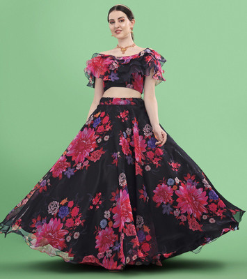 Kedar Fab Digital Print Semi Stitched Lehenga Choli(Black)