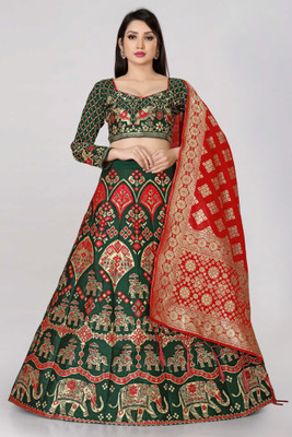 Fabcartz Self Design Semi Stitched Lehenga Choli(Dark Green)