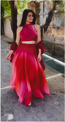 LIPS CROWN Digital Print Semi Stitched Lehenga & Crop Top(Red)