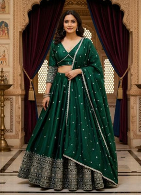 PMD Fashion Embroidered Semi Stitched Lehenga Choli(Green)