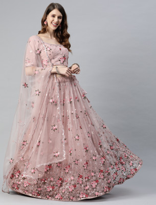 Divine Exim Embroidered Semi Stitched Lehenga Choli(Pink)