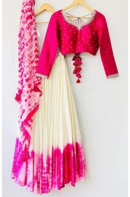 AmbeSilkMill Printed Semi Stitched Lehenga Choli(Pink, White)