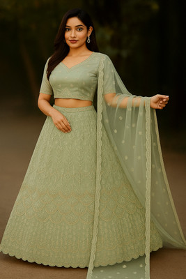 legecyethinc Embroidered Semi Stitched Lehenga Choli(Green)