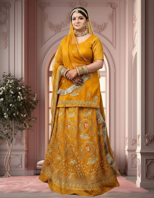Bhawani Collection Embroidered Semi Stitched Rajputi Poshak(Yellow)