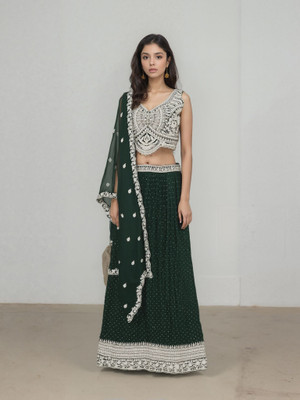 Ivira Embellished Stitched Lehenga & Crop Top(Dark Green)