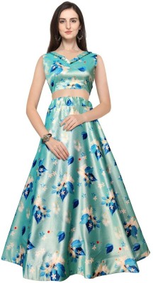 kaizen International Digital Print Semi Stitched Lehenga & Crop Top(Light Blue)