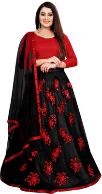 HOUSE OF COMMON Embroidered Semi Stitched Lehenga Choli(Black, Red)