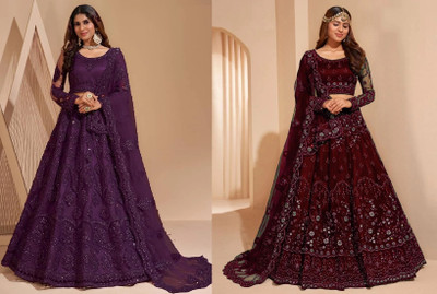Udbhav Export Embroidered, Embellished Semi Stitched Lehenga Choli(Purple, Maroon)