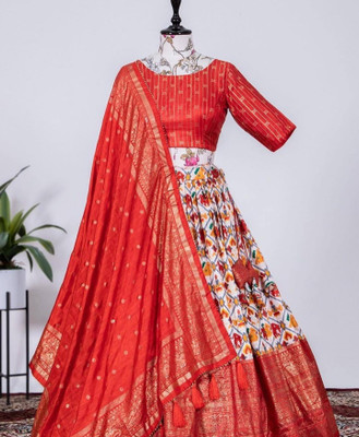 Deepkala Designer Floral Print Semi Stitched Lehenga Choli(Red)