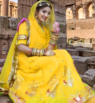 balaji textiles Embroidered Semi Stitched Rajasthani Poshak(Yellow)