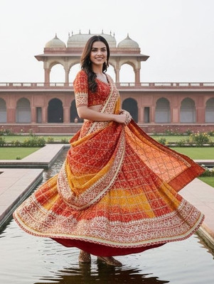 VASANT Bandhani, Printed Semi Stitched Lehenga Choli(Red, Orange)