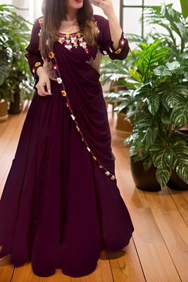 Hemlata Embroidered Semi Stitched Lehenga & Crop Top(Purple)