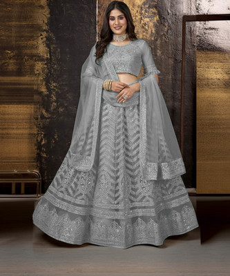 Cute Fellow Embroidered Semi Stitched Lehenga Choli(Grey)