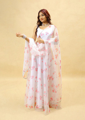 GCMART Floral Print Semi Stitched Lehenga Choli(White)