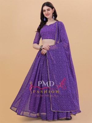 PMD Fashion Bandhani, Printed, Geometric Print, Digital Print Semi Stitched Lehenga Choli(Purple)