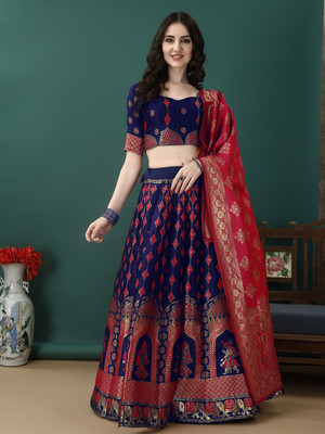 SWAMI STUDIO Floral Print, Embellished, Self Design Semi Stitched Lehenga Choli(Dark Blue, Pink)