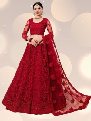 ROKKLIKE Embroidered Semi Stitched Lehenga Choli(Red)