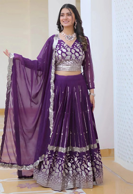Trijal Fab Embroidered, Embellished Semi Stitched Lehenga Choli(Purple)