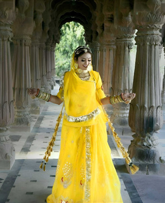 New Pooja Embroidered, Embellished Semi Stitched Rajasthani Poshak(Yellow)