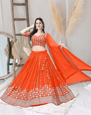 F Plus fashion Embroidered Semi Stitched Lehenga Choli(Orange)