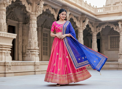 VASANT Leheriya Semi Stitched Lehenga Choli(Blue, Pink)