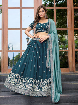 Om Creation Embroidered Semi Stitched Lehenga Choli(Light Blue)