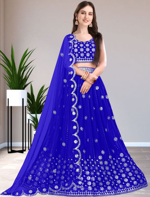 Women Wed Embroidered Semi Stitched Lehenga Choli(Blue)