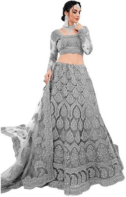 ELITEVIBE Embroidered Semi Stitched Lehenga Choli(Grey)