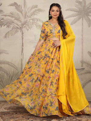 Janasya Floral Print Stitched Lehenga Choli(Yellow)