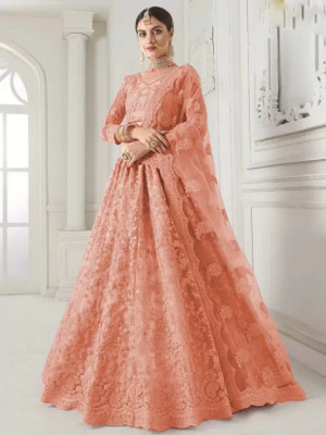 JANVI CREATION Embroidered Semi Stitched Lehenga Choli(Orange)