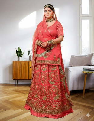 Bhawani Collection Embroidered Semi Stitched Rajasthani Poshak(Pink)