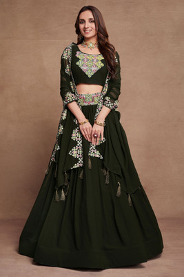 Neel Art Solid Semi Stitched Lehenga Choli(Dark Green)