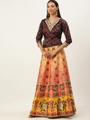 KAHIRAA WHOLETEX Digital Print Semi Stitched Lehenga & Crop Top(Brown)