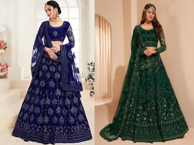 Cute Fellow Embroidered Semi Stitched Lehenga Choli(Dark Blue, Green)