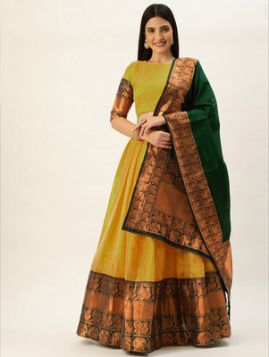 R K INFINITIVE Solid, Embroidered Semi Stitched Lehenga Choli(Gold, Red)