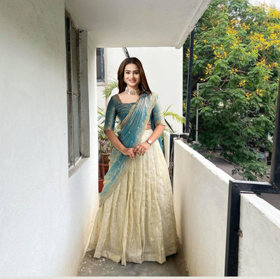 Sonu Creation Embroidered Semi Stitched Lehenga Choli(Light Blue, White)
